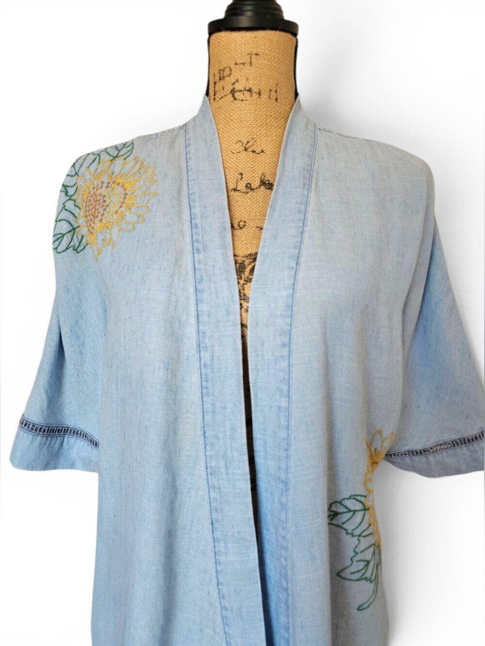 Billy T Sunflower Embroidered Chambray Open-Front Boho Kimono Jacket, Size XS - Picture 2 of 8